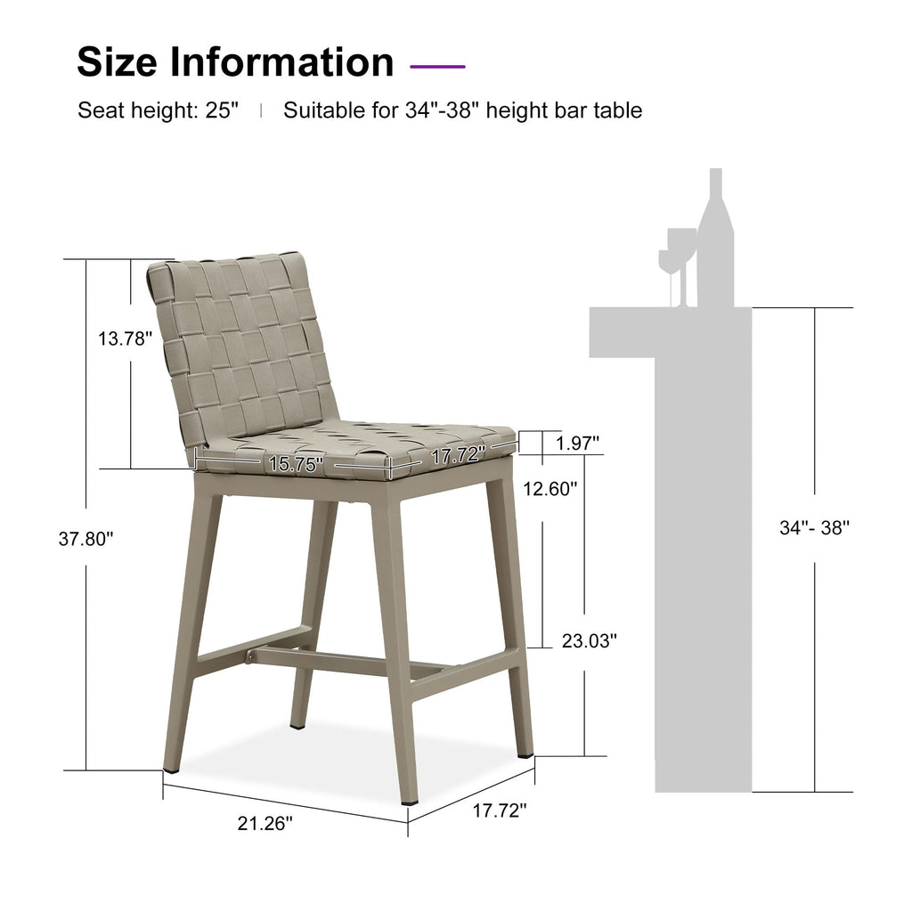 PURPLE LEAF Outdoor Counter Height Stools Set of 2, PU Leather Patio Bar Set with Aluminum Frame, Bar Chairs for Poolside, Garden, Kitchen Island