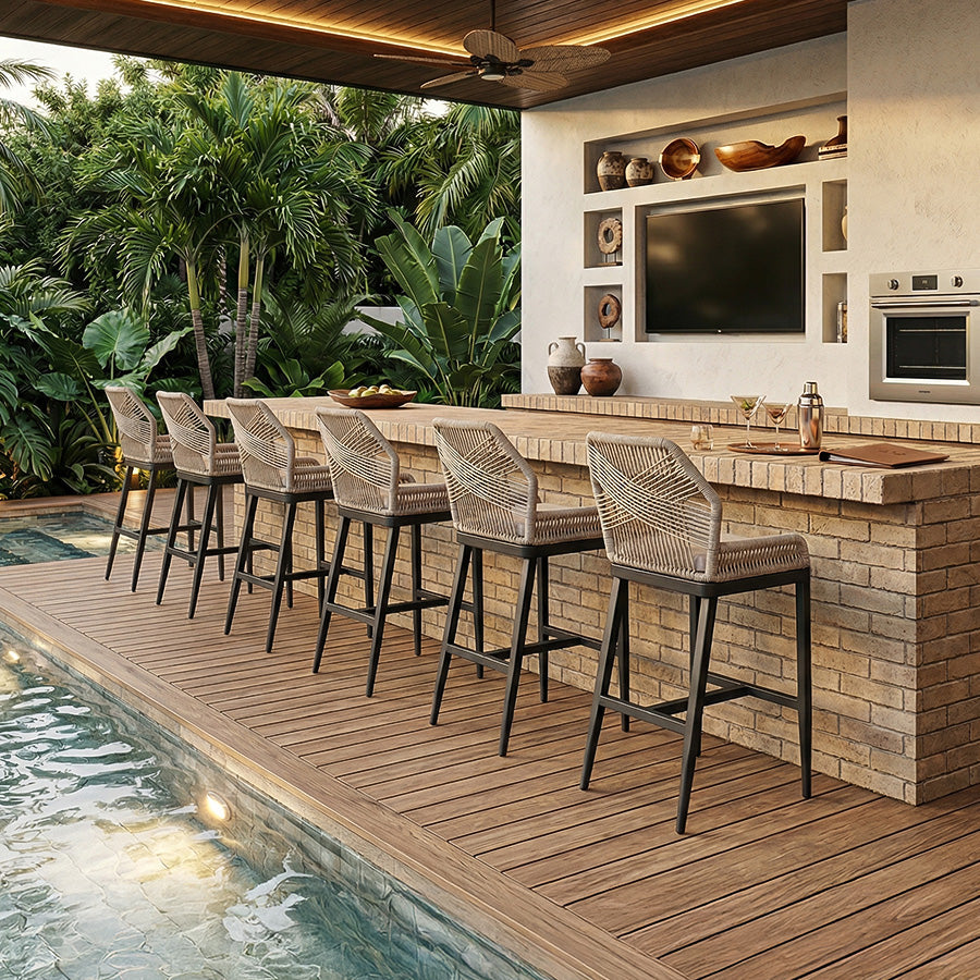 PURPLE LEAF Outdoor Bar Stool Set of 6, Wicker Chairs Bar Chairs with Cushion, All-Weather Patio Furniture kitchen stools