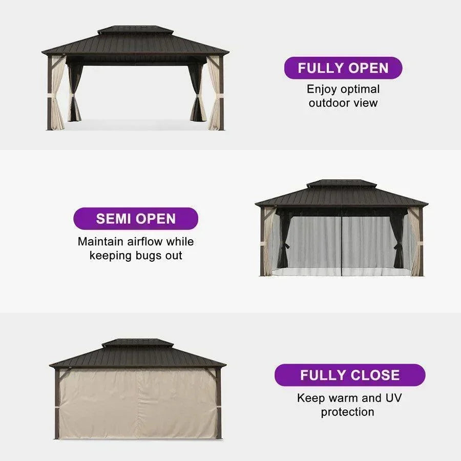 PURPLE LEAF Hardtop Gazebo Featuring Galvanized Steel Double Roof and Bronze Aluminum Frame with Curtains and Netting for Patio and Poolside