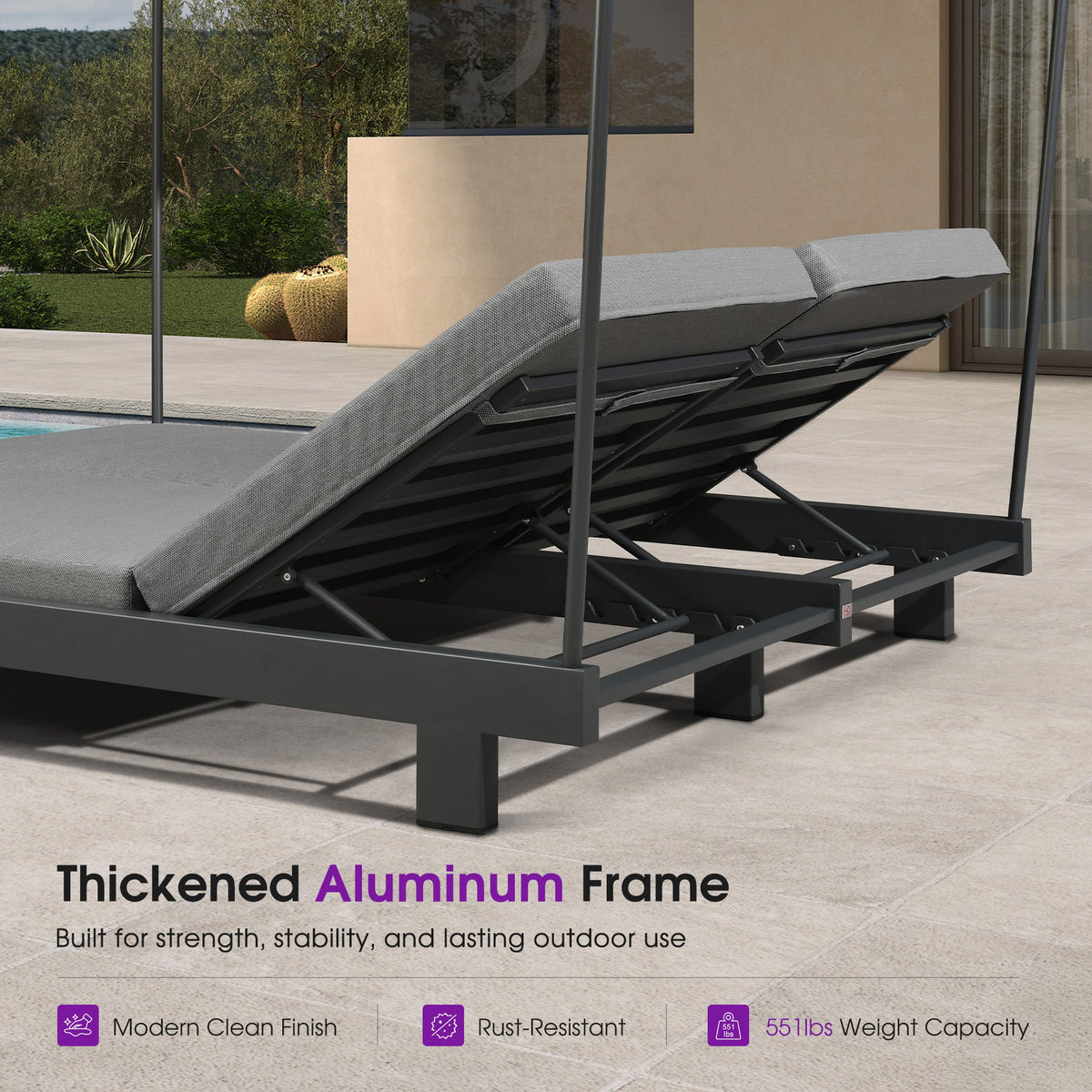 PURPLE LEAF Outdoor Luxury Daybed for Patio,  Poolside Chaise Lounge Bed with Cushion, Olefin Blend Fabric, Aluminum Frame Sunbed for Deck and Backyard