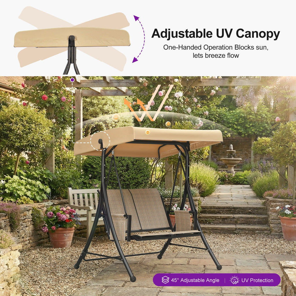 PURPLE LEAF Porch Swing with Adjustable Tilt Canopy Patio Swing with Stand and Meatl Steel Frame All-Weather Outdoor Swing Chair Seat Space-Saving for Backyard Garden Deck