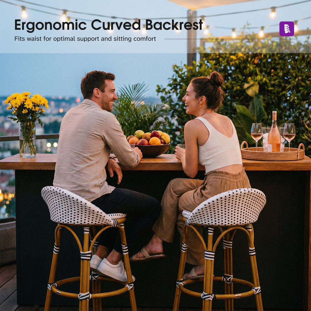 PURPLE LEAF Patio Oversized Backrest Bar Height Stool Set of 2 Outdoor Round Barstools Aluminum Frame Woven Rattan for Indoor Kitchen Dining Bistros Cafe Restaurant