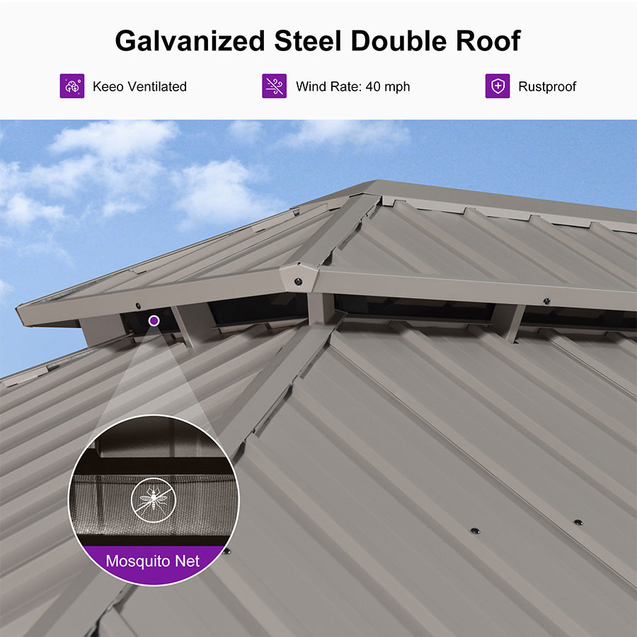 PURPLE LEAF Deck Gazebo Champagne Hardtop Metal Frame Double Roof with Curtains and Netting