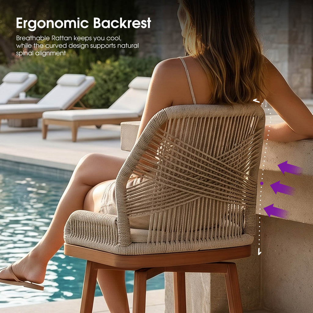 PURPLE LEAF Outdoor Swivel Bar Stools Set of 2 Patio 360° Rotating All-Weather Wicker Stools with Back and Cushion for Outside Backyard Kitchen Bistro Garden Bar