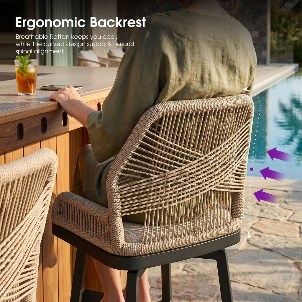 PURPLE LEAF Outdoor Swivel Bar Stools Set of 2 Patio 360° Rotating All-Weather Wicker Stools with Back and Cushion for Outside Backyard Kitchen Bistro Garden Bar