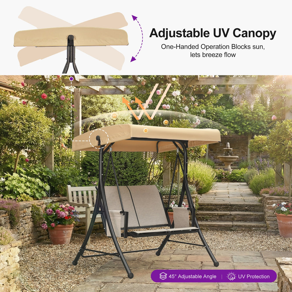 PURPLE LEAF Porch Swing with Adjustable Tilt Canopy Patio Swing with Stand and Meatl Steel Frame All-Weather Outdoor Swing Chair Seat Space-Saving for Backyard Garden Deck