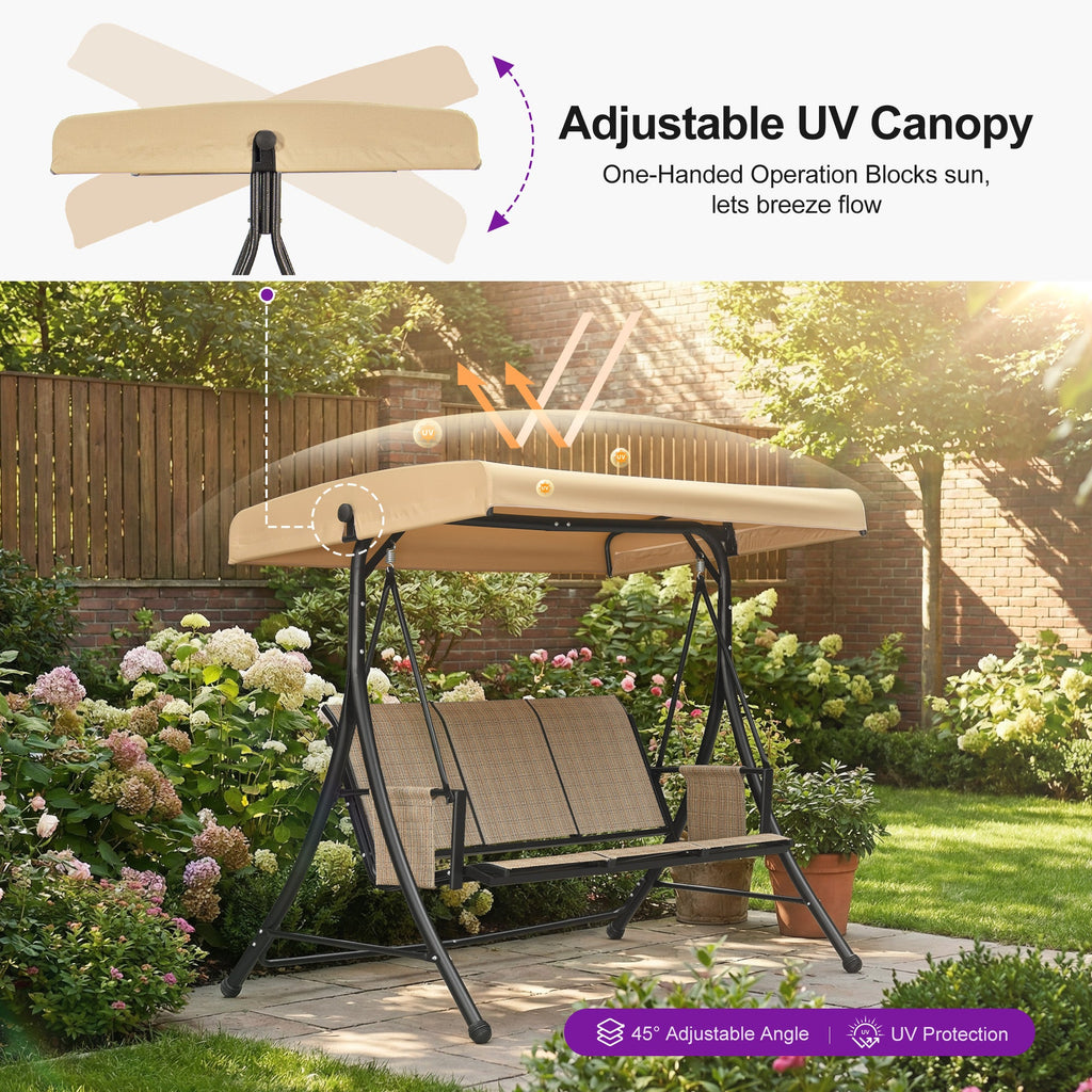 PURPLE LEAF Porch Swing with Adjustable Tilt Canopy Patio Swing with Stand and Meatl Steel Frame All-Weather Outdoor Swing Chair Seat Space-Saving for Backyard Garden Deck