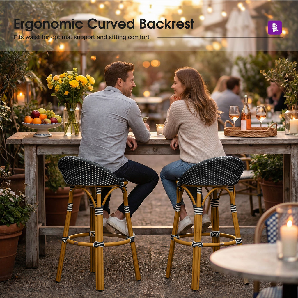PURPLE LEAF Patio Oversized Backrest Bar Height Stool Set of 2 Outdoor Round Barstools Aluminum Frame Woven Rattan for Indoor Kitchen Dining Bistros Cafe Restaurant
