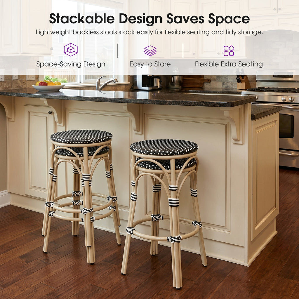 PURPLE LEAF Patio French Round Counter Stool Set of 2 Rattan Backless Stackable Barstools Aluminum Frame Footrest with Woven Wicker for Outdoor Kitchen Yard