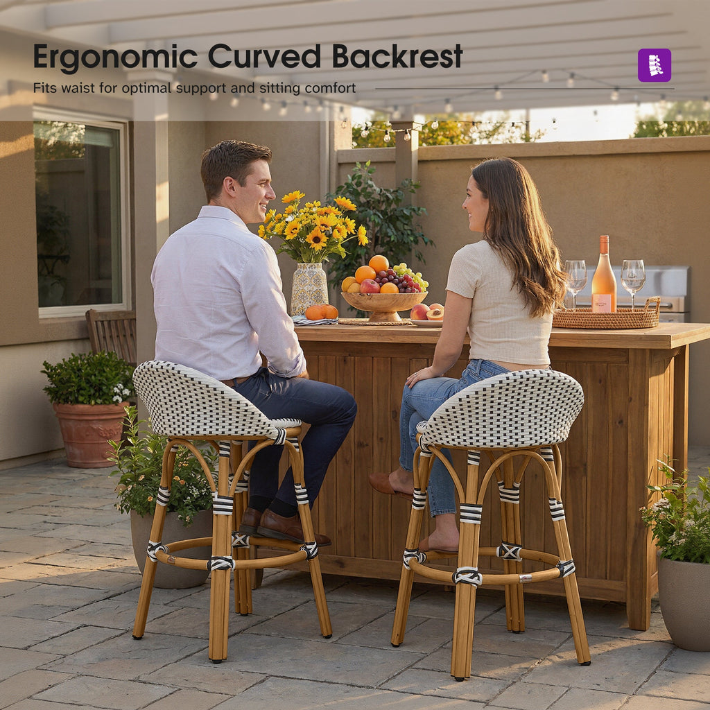 PURPLE LEAF Patio Oversized Backrest Bar Height Stool Set of 2 Outdoor Round Barstools Aluminum Frame Woven Rattan for Indoor Kitchen Dining Bistros Cafe Restaurant