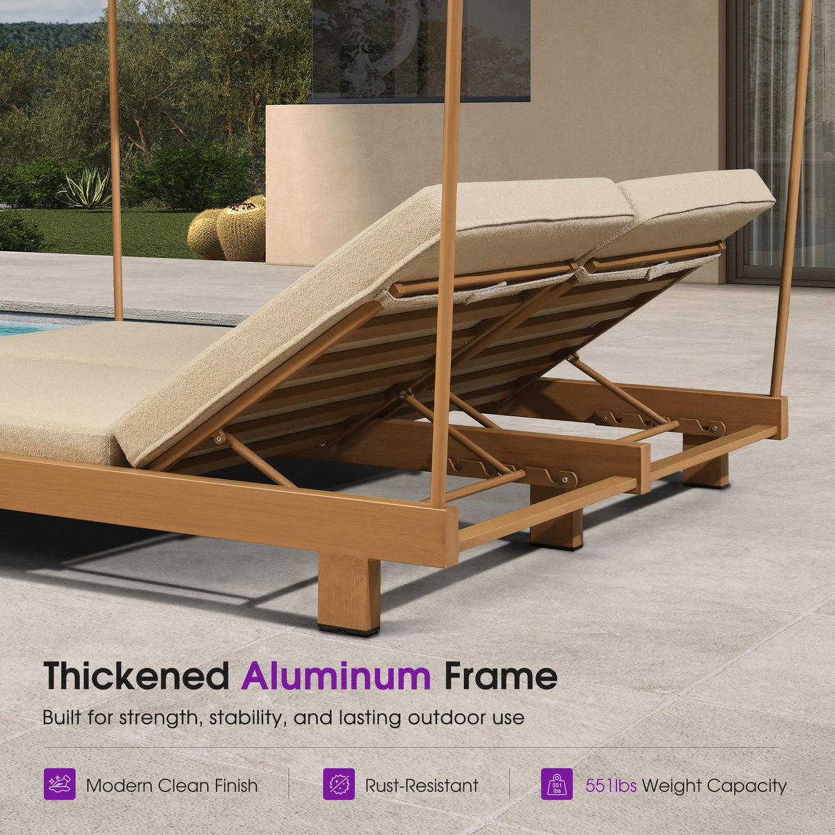 PURPLE LEAF Outdoor Luxury Daybed for Patio,  Poolside Chaise Lounge Bed with Cushion, Olefin Blend Fabric, Aluminum Frame Sunbed for Deck and Backyard