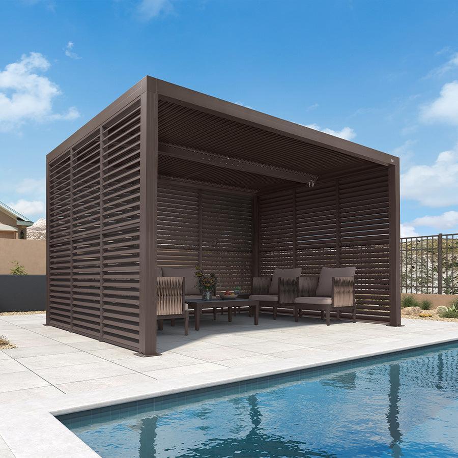 PURPLE LEAF Athena Louvered Pergola Bronze Outdoor Aluminum Pergola with Shutter Wall Adjustable Gazebo Rainproof for Patio Deck Garden