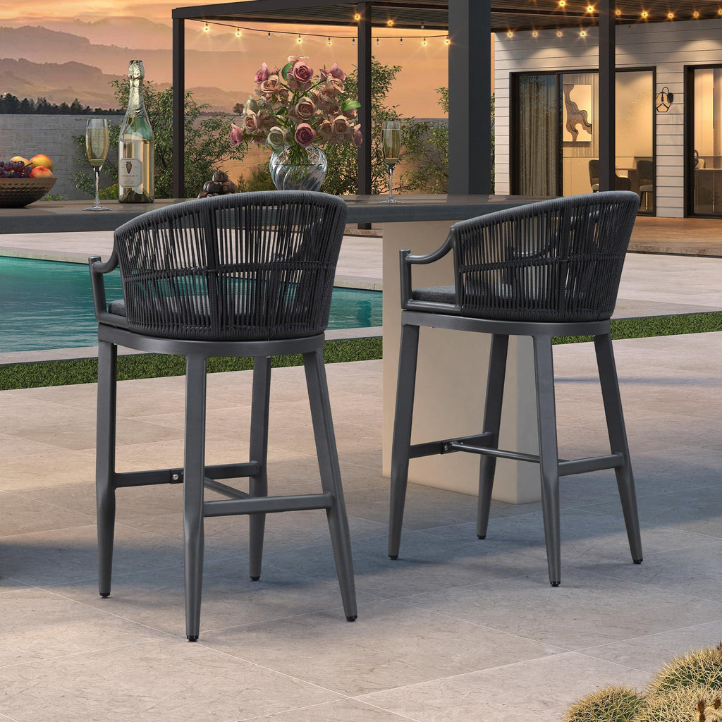 PURPLE LEAF Patio Bar Stools Set of 2 Outdoor Wicker Modern High Bar Chairs Metal Cushioned Barstools with Backs and Ergonomic Armrest