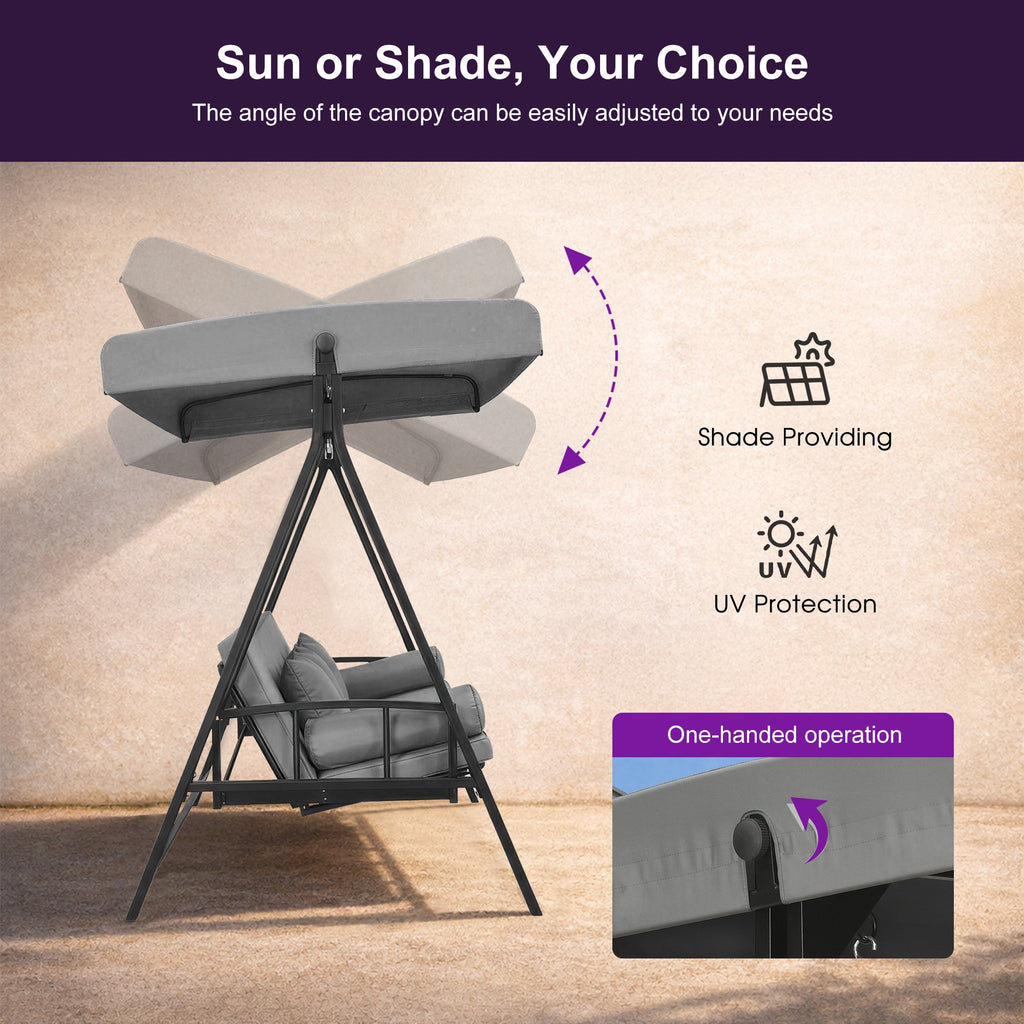 PURPLE LEAF Porch Swing with Adjustable Tilt Canopy Patio Swing with Stand and Meatl Steel Frame All-Weather Outdoor Swing Chair Seat Space-Saving for Backyard Garden Deck