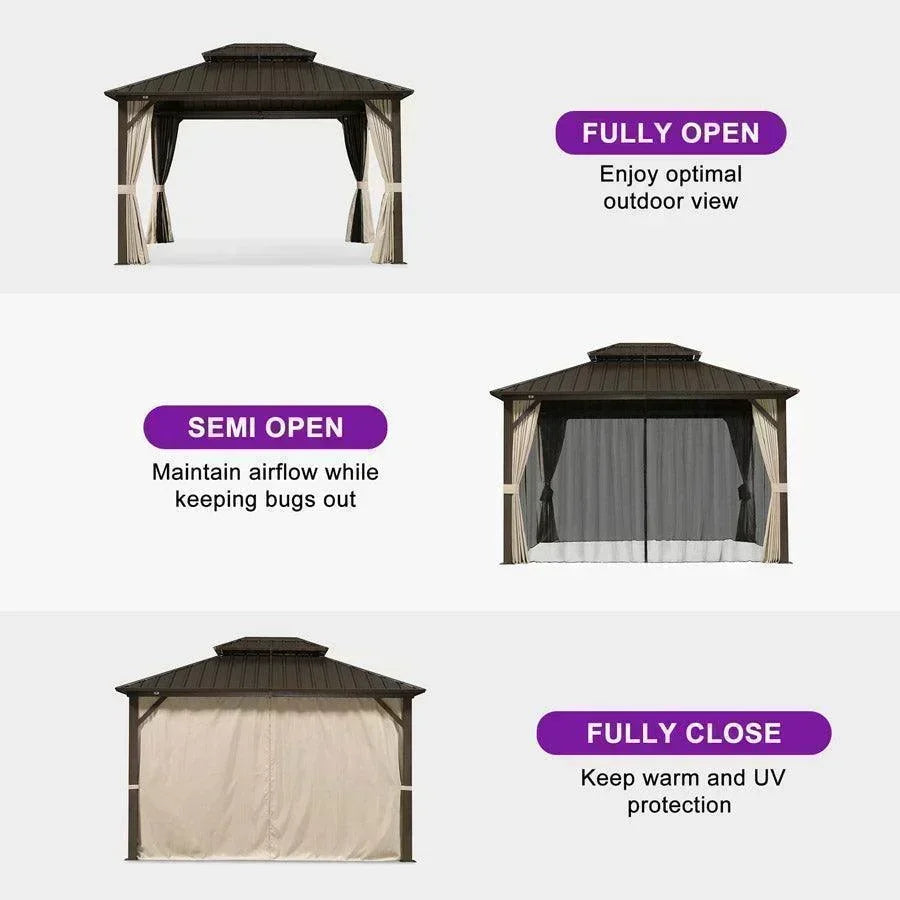 PURPLE LEAF Hardtop Gazebo Featuring Galvanized Steel Double Roof and Bronze Aluminum Frame with Curtains and Netting for Poolside with Lights-clear