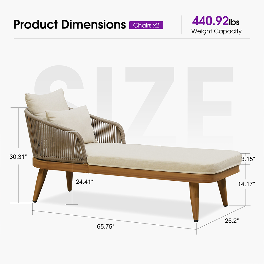PURPLE LEAF Outdoor Chaise Lounge Thick Cushion, Aluminum Frame Patio Lounge Chair with Pillow & Lumbar Support, Wicker Armrests Sun Lounger for Poolside, Backyard, All-Weather Use