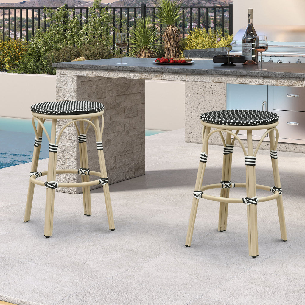 PURPLE LEAF Patio French Round Counter Stool Set of 2 Rattan Backless Stackable Barstools Aluminum Frame Footrest with Woven Wicker for Outdoor Kitchen Yard