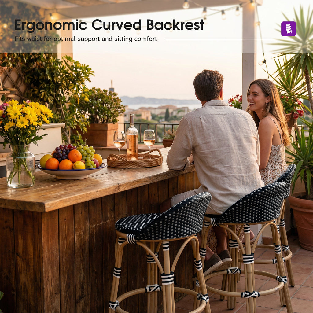 PURPLE LEAF Patio Oversized Backrest Bar Height Stool Set of 2 Outdoor Round Barstools Aluminum Frame Woven Rattan for Indoor Kitchen Dining Bistros Cafe Restaurant