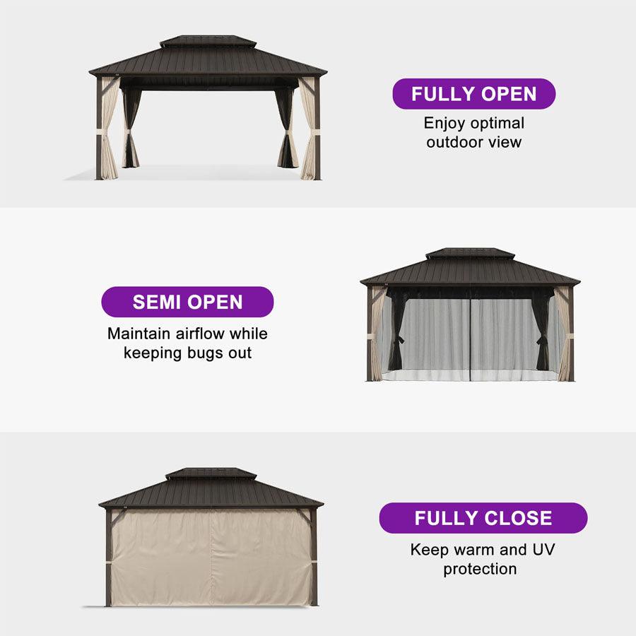 PURPLE LEAF Hardtop Gazebo Featuring Galvanized Steel Double Roof and Bronze Aluminum Frame with Curtains and Netting for Backyard with Lights-milky