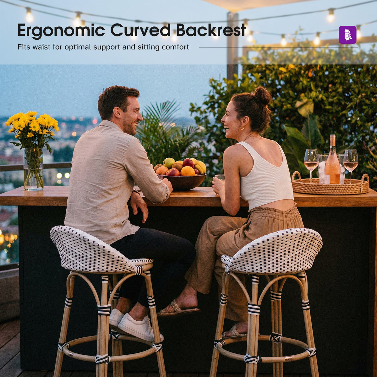PURPLE LEAF Patio Oversized Backrest Bar Height Stool Set of 2 Outdoor Round Barstools Aluminum Frame Woven Rattan for Indoor Kitchen Dining Bistros Cafe Restaurant
