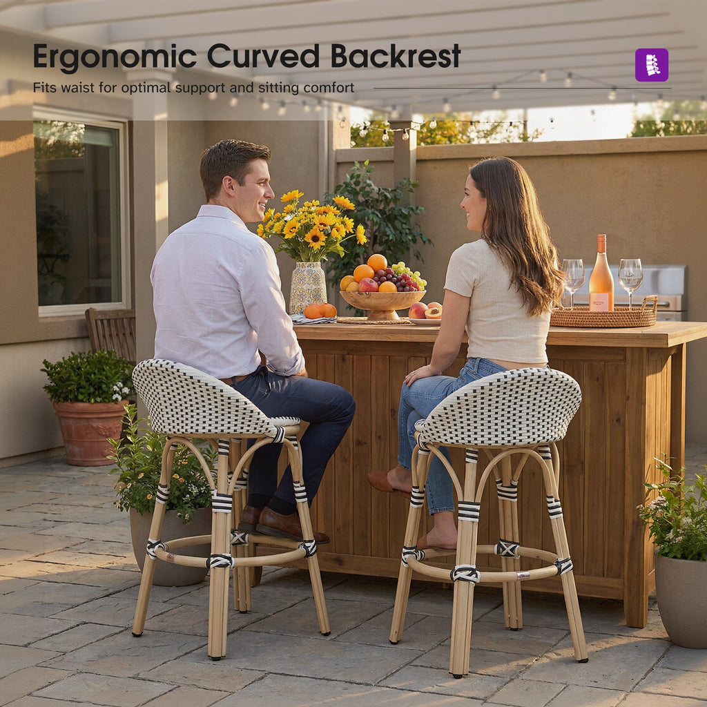 PURPLE LEAF Patio Oversized Backrest Bar Height Stool Set of 2 Outdoor Round Barstools Aluminum Frame Woven Rattan for Indoor Kitchen Dining Bistros Cafe Restaurant