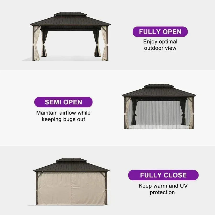 PURPLE LEAF Hardtop Gazebo Featuring Galvanized Steel Double Roof and Bronze Aluminum Frame with Curtains and Netting for Poolside with Lights-clear