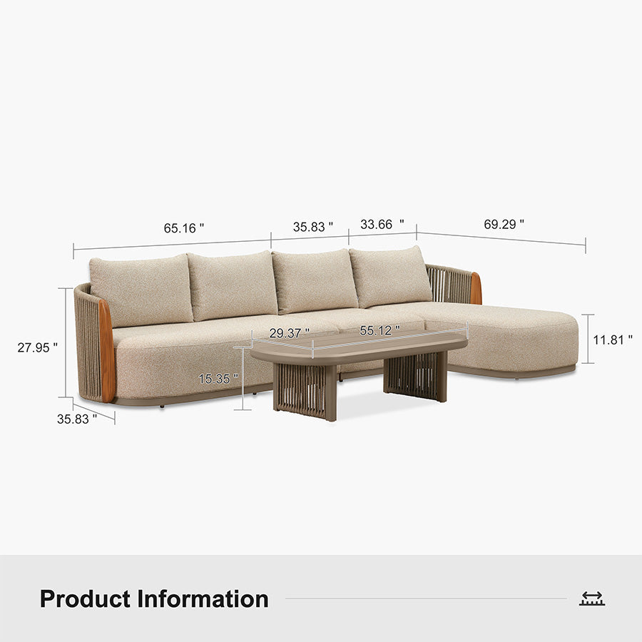 PURPLE LEAF Hailar L-Shaped Patio Conversation Set with Genuine Teak Cushions and Pillows Olefin Rope Backrest Outdoor Couch Sets for Backyard Porch
