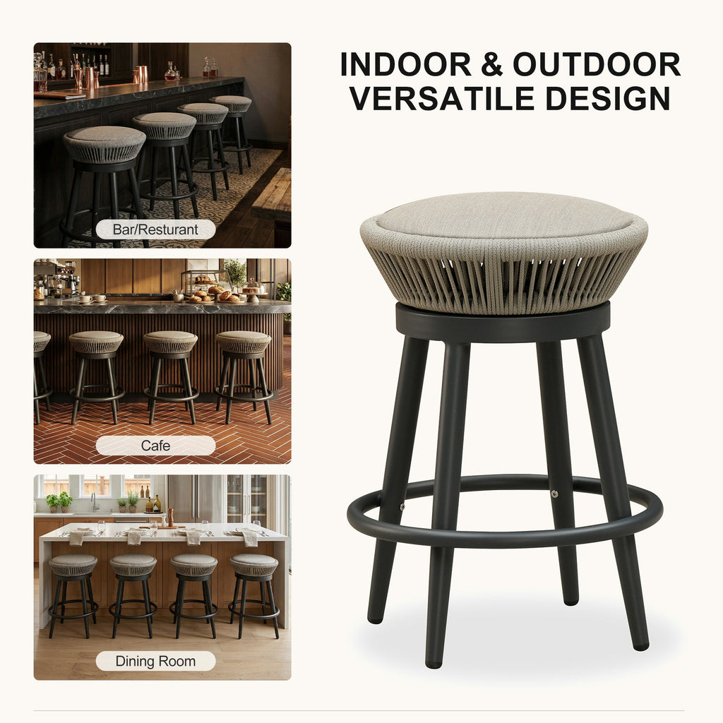 PURPLE LEAF Outdoor Swivel Bar Stools Set of 2 Metal Modern Rattan Bar Chairs with Backrest Aluminum Woven Barstools with Cushions
