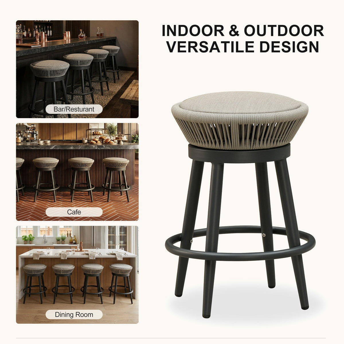 PURPLE LEAF Outdoor Swivel Bar Stools Set of 2 Metal Modern Rattan Bar Chairs with Backrest Aluminum Woven Barstools with Cushions