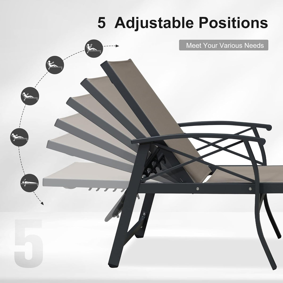 PURPLE LEAF Oversized Chaise Lounge Chair Outdoor Extra Wide Pool Lounge Chairs 5 Adjustable Position with Armrests and Side Table, Aluminum Patio Lounge Chair for Outside, Backyard, Pool