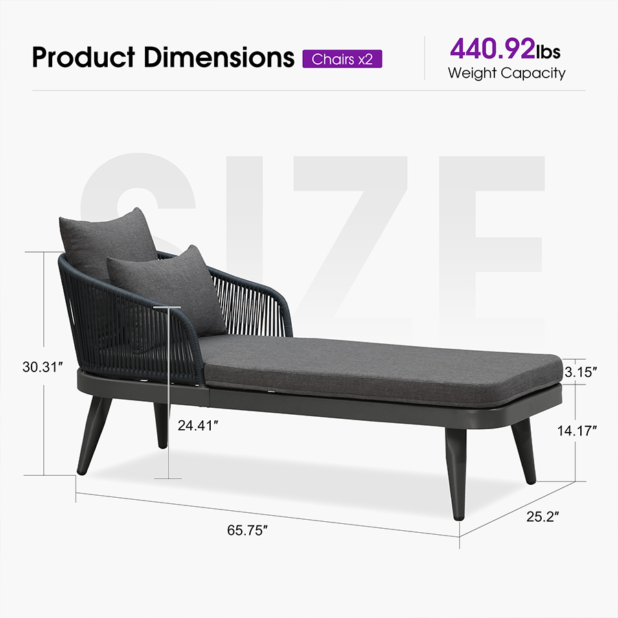 PURPLE LEAF Outdoor Chaise Lounge Thick Cushion, Aluminum Frame Patio Lounge Chair with Pillow & Lumbar Support, Wicker Armrests Sun Lounger for Poolside, Backyard, All-Weather Use
