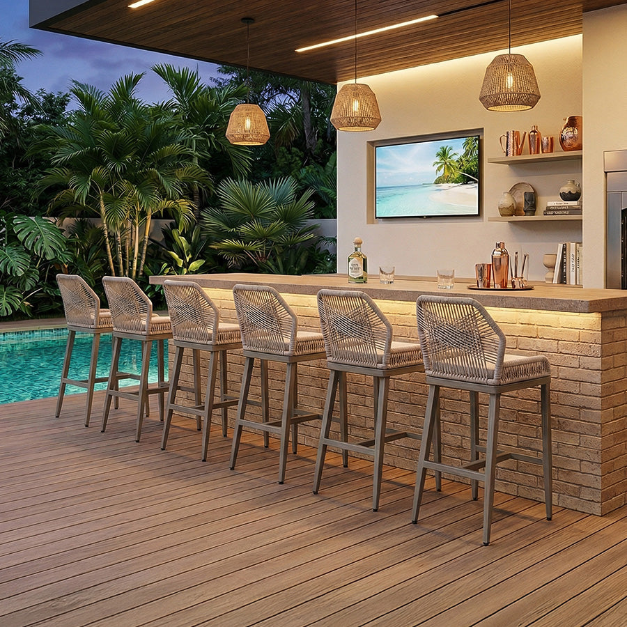 PURPLE LEAF Outdoor Bar Stool Set of 6, Wicker Chairs Bar Chairs with Cushion, All-Weather Patio Furniture kitchen stools