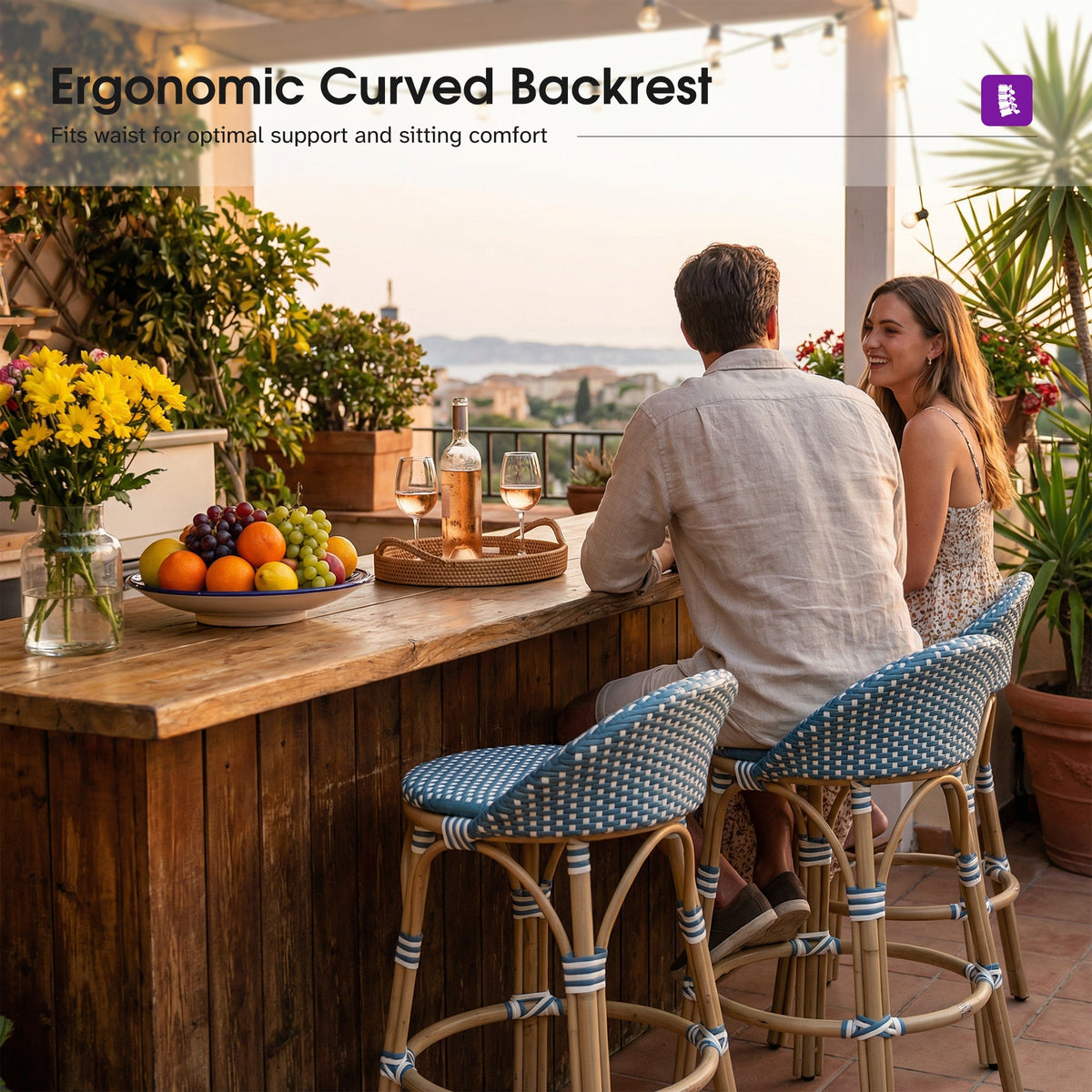 PURPLE LEAF Patio Oversized Backrest Bar Height Stool Set of 2 Outdoor Round Barstools Aluminum Frame Woven Rattan for Indoor Kitchen Dining Bistros Cafe Restaurant