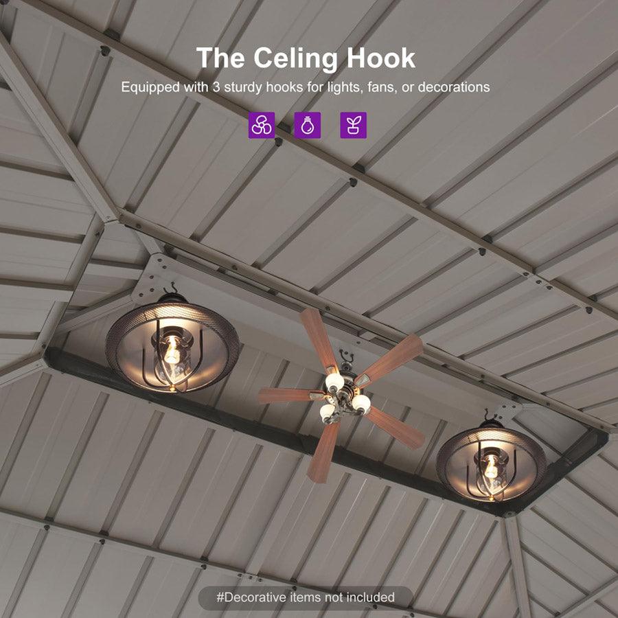 PURPLE LEAF Deck Gazebo Champagne Hardtop Metal Frame Double Roof with Curtains and Netting