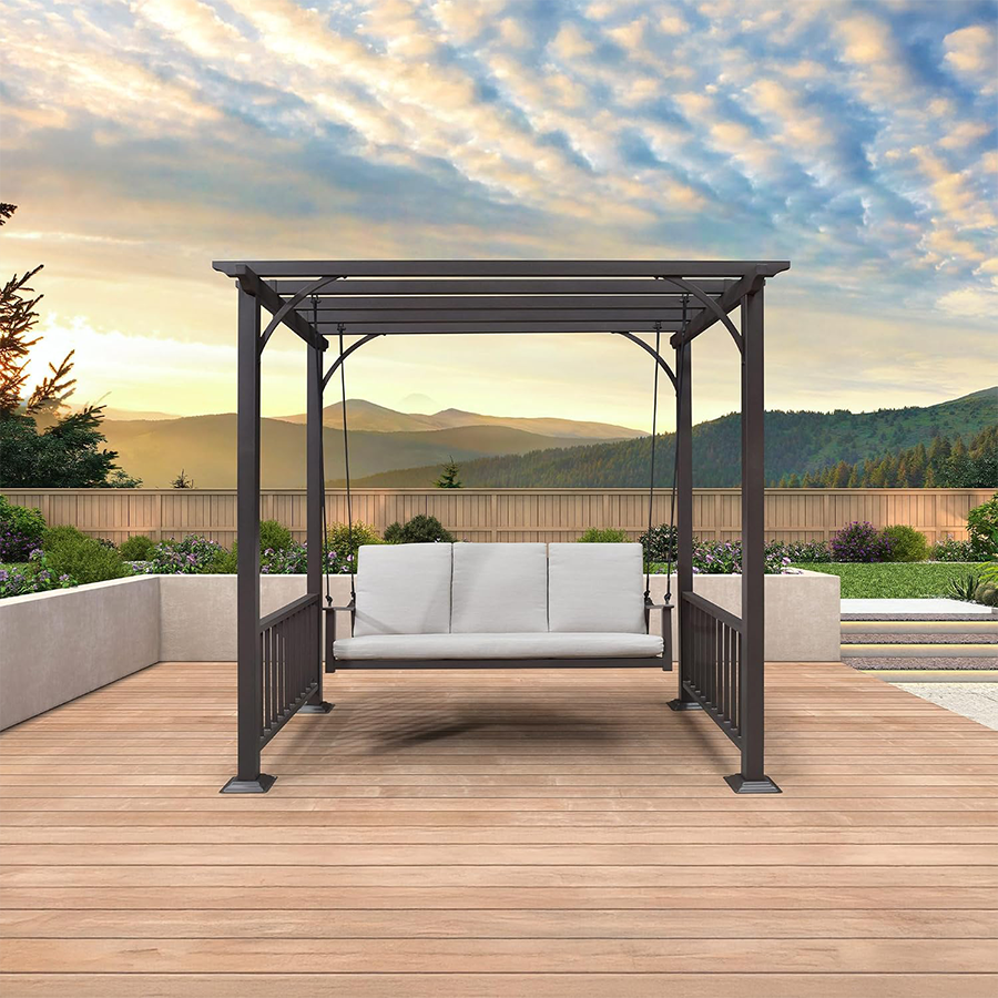 PURPLE LEAF 3-Seat Outdoor Metal Pergola Swing Bed Hanging Cloud Black rope Swing Chair with Stand Cushions & Pillows for Outdoor