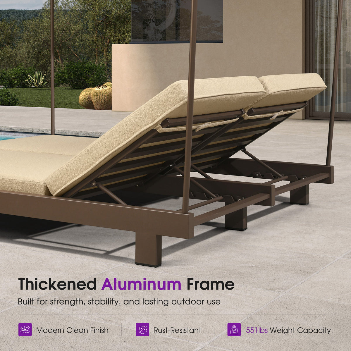 PURPLE LEAF Outdoor Luxury Daybed for Patio,  Poolside Chaise Lounge Bed with Cushion, Olefin Blend Fabric, Aluminum Frame Sunbed for Deck and Backyard