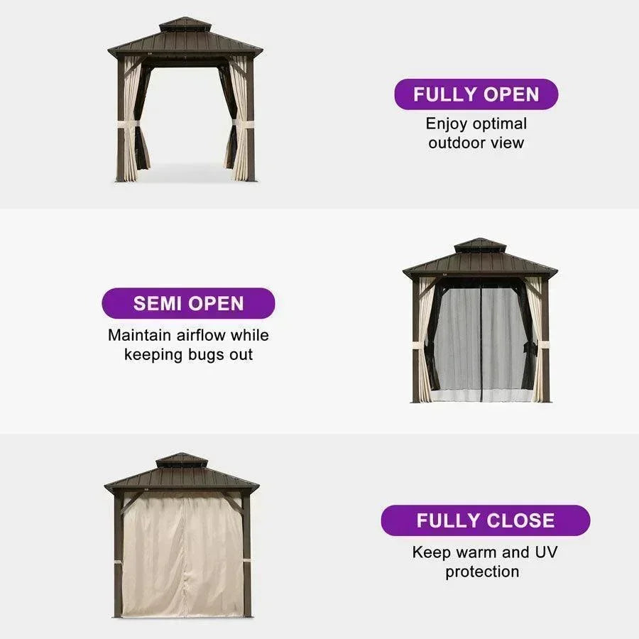 PURPLE LEAF Hardtop Gazebo Featuring Galvanized Steel Double Roof and Bronze Aluminum Frame with Curtains and Netting for Poolside with Lights-clear