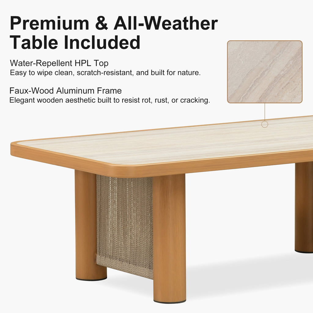 PURPLE LEAF Breck U-Shaped  with table Modular Outdoor Sectional with Wood-Grain Aluminum Frame and Thick Teak-Colored Cushions for Family Entertaining