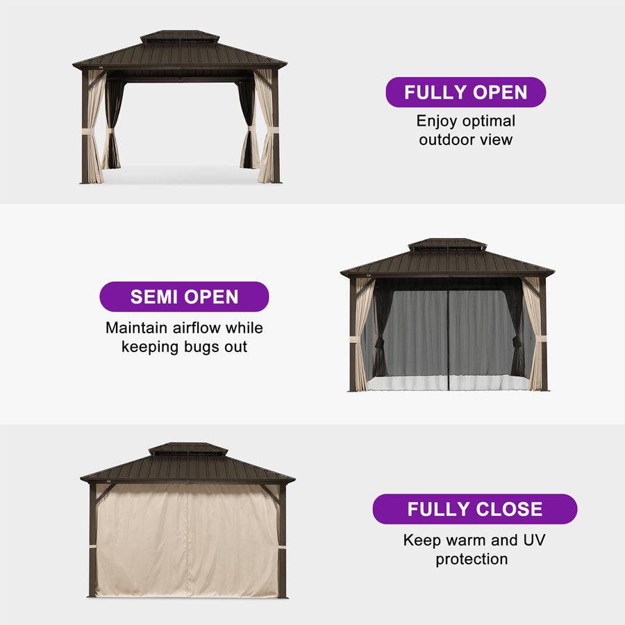 PURPLE LEAF Hardtop Gazebo Featuring Galvanized Steel Double Roof and Bronze Aluminum Frame with Curtains and Netting for Backyard with Lights-milky