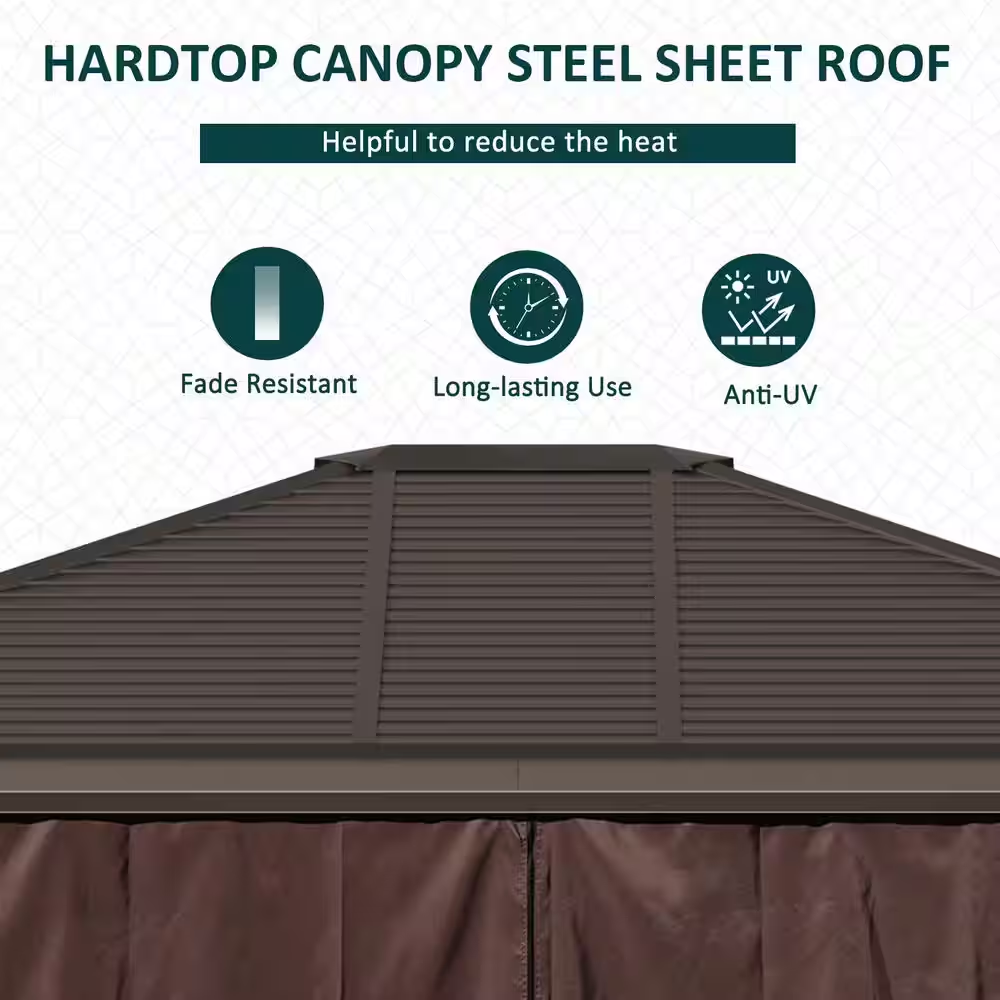 12 Ft. X 10 Ft. Steel Hardtop Canopy Gazebo with Fully Enclosed Zippered Curtains and Roomy Comfortable Interior, Brown