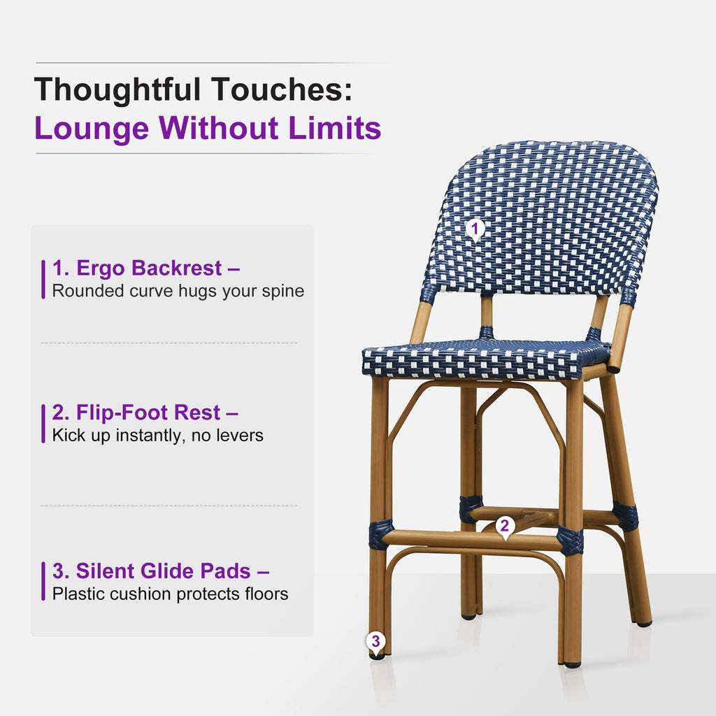 PURPLE LEAF Outdoor Bar Height Stools Set of 2 French Country Patio Rattan Bar Stool Chairs Outdoor Armless Barstools for Porch Garden Indoor Kitchen