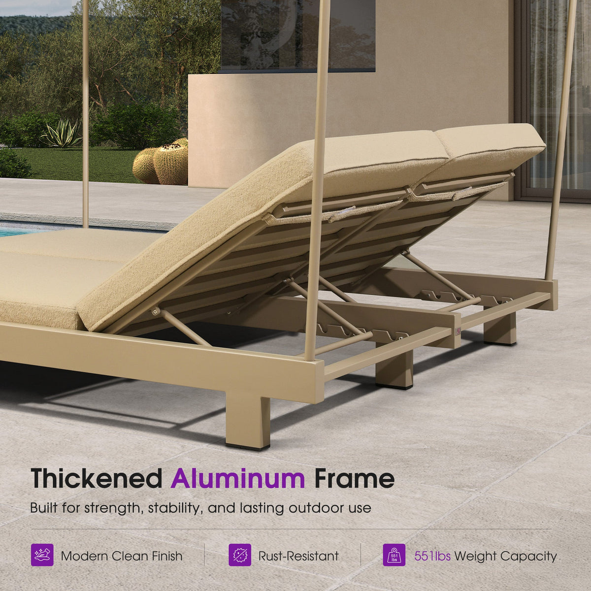 PURPLE LEAF Outdoor Luxury Daybed for Patio,  Poolside Chaise Lounge Bed with Cushion, Olefin Blend Fabric, Aluminum Frame Sunbed for Deck and Backyard