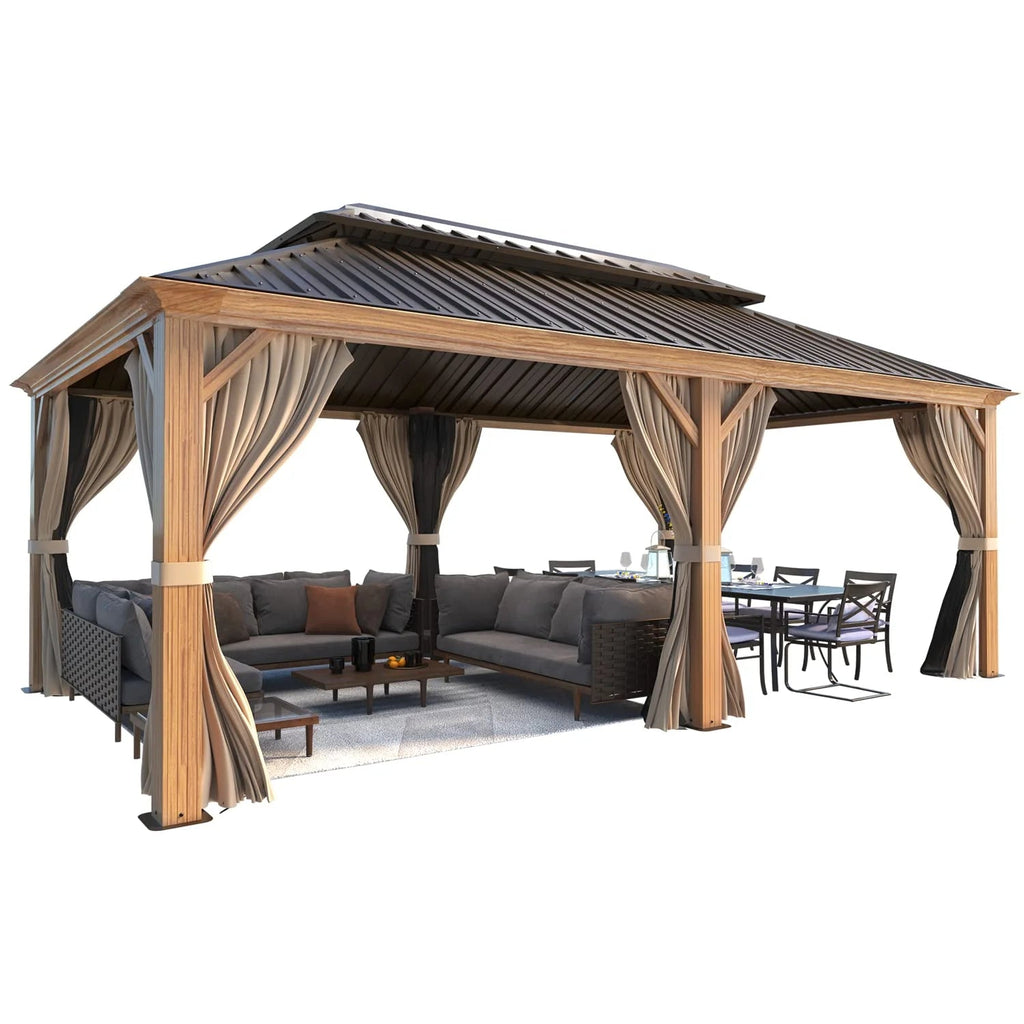 Erommy 12' X 20' Hardtop Gazebo, Wooden Finish Coated Aluminum Frame Gazebo with Galvanized Steel Double Roof with Curtains and Netting