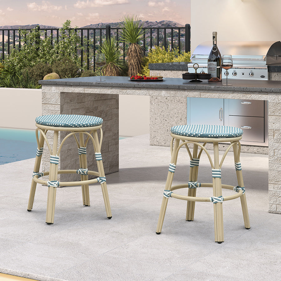 PURPLE LEAF Patio French Round Counter Stool Set of 2 Rattan Backless Stackable Barstools Aluminum Frame Footrest with Woven Wicker for Outdoor Kitchen Yard