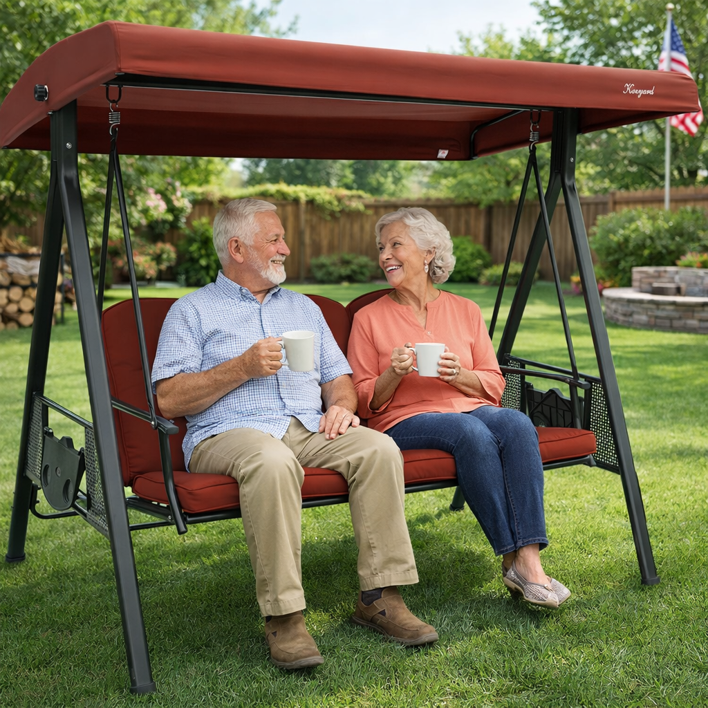 Kozyard Herbert Deluxe 3-Seat Patio Porch Swing with Stand, Adjustable Canopy, Outdoor Freestanding Swing Chair for Backyard, Poolside, Balcony, Weather-Resistant