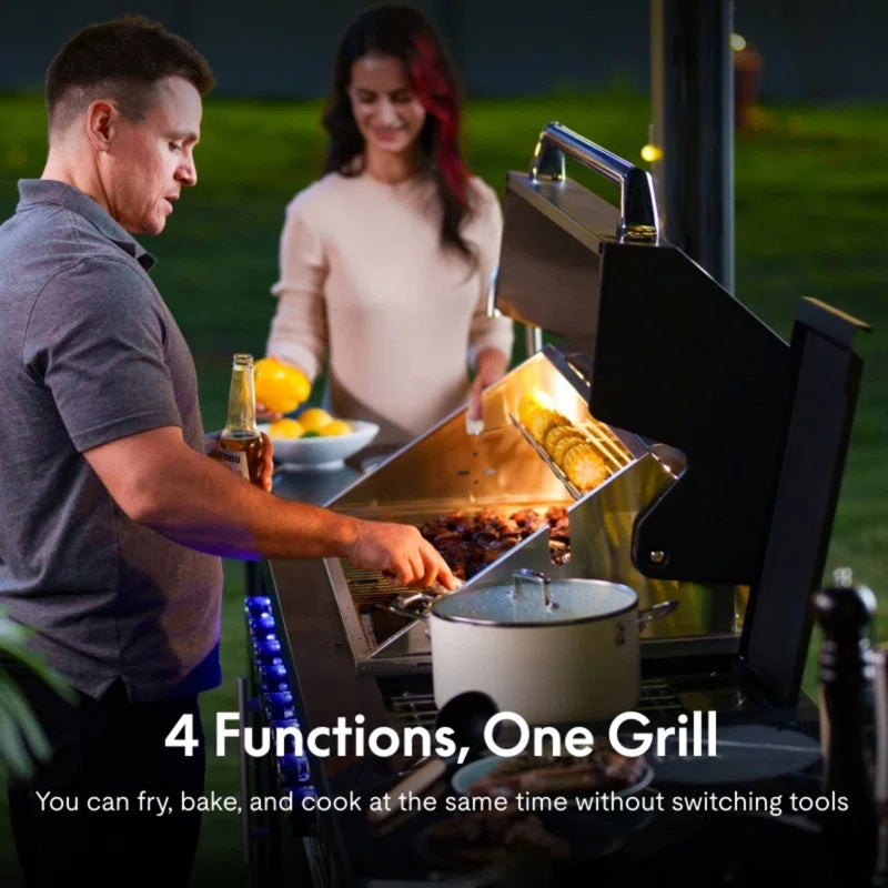Akoah – Ensemble îlot de cuisine extérieure modulaire 4 pièces avec barbecue 8 brûleurs, réfrigérateur et roulettes