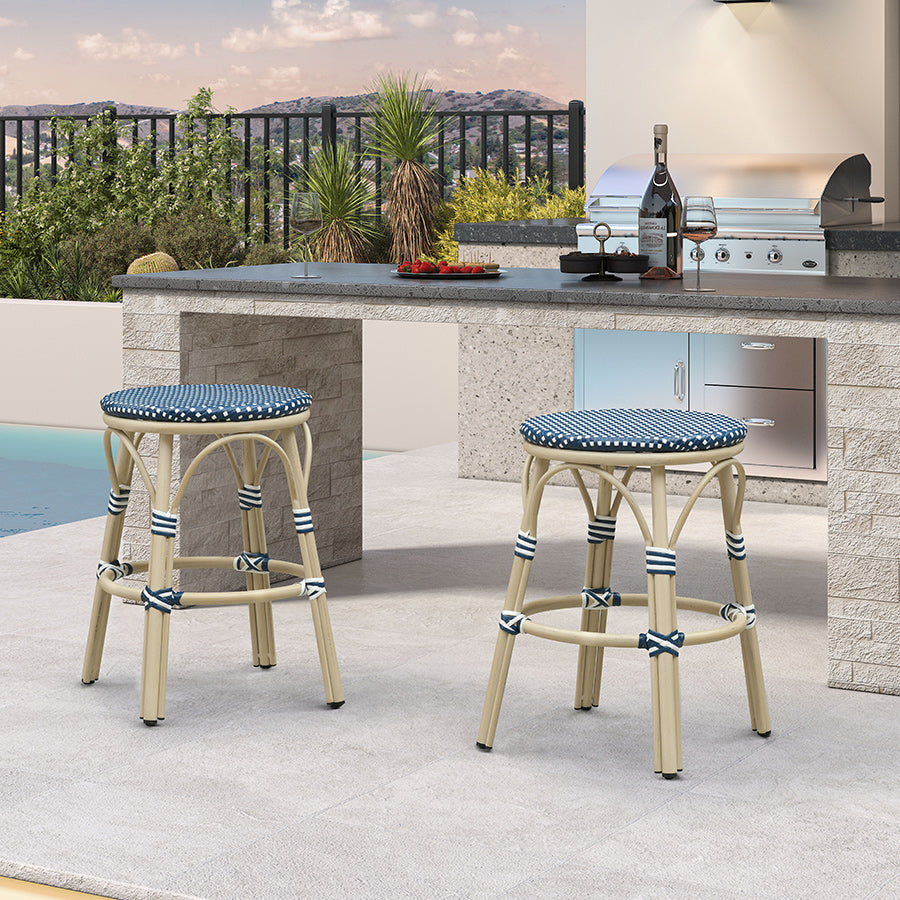 PURPLE LEAF Patio French Round Counter Stool Set of 2 Rattan Backless Stackable Barstools Aluminum Frame Footrest with Woven Wicker for Outdoor Kitchen Yard