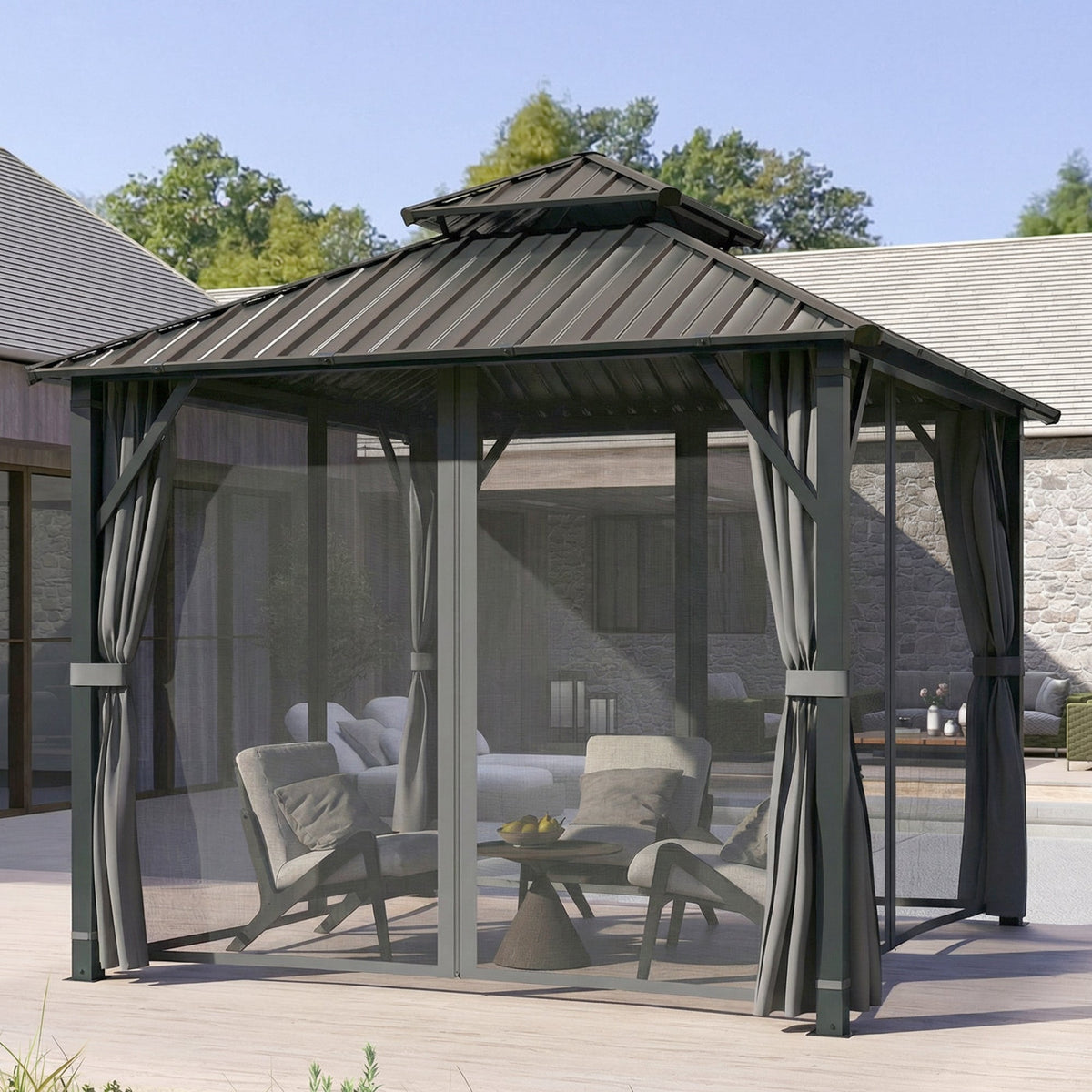 3 x 3 m Hardtop Gazebo with Double Metal Roof, Netting & Curtains, Grey