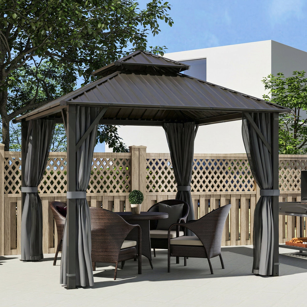 3 x 3 m Hardtop Gazebo with Double Metal Roof, Netting & Curtains, Grey