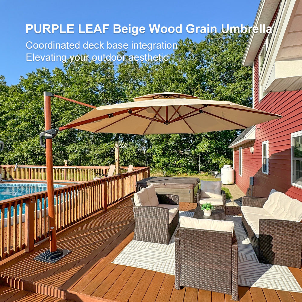 PURPLE LEAF Outdoor Garden Umbrella with Base, Cantilever Umbrellas in Wood Color